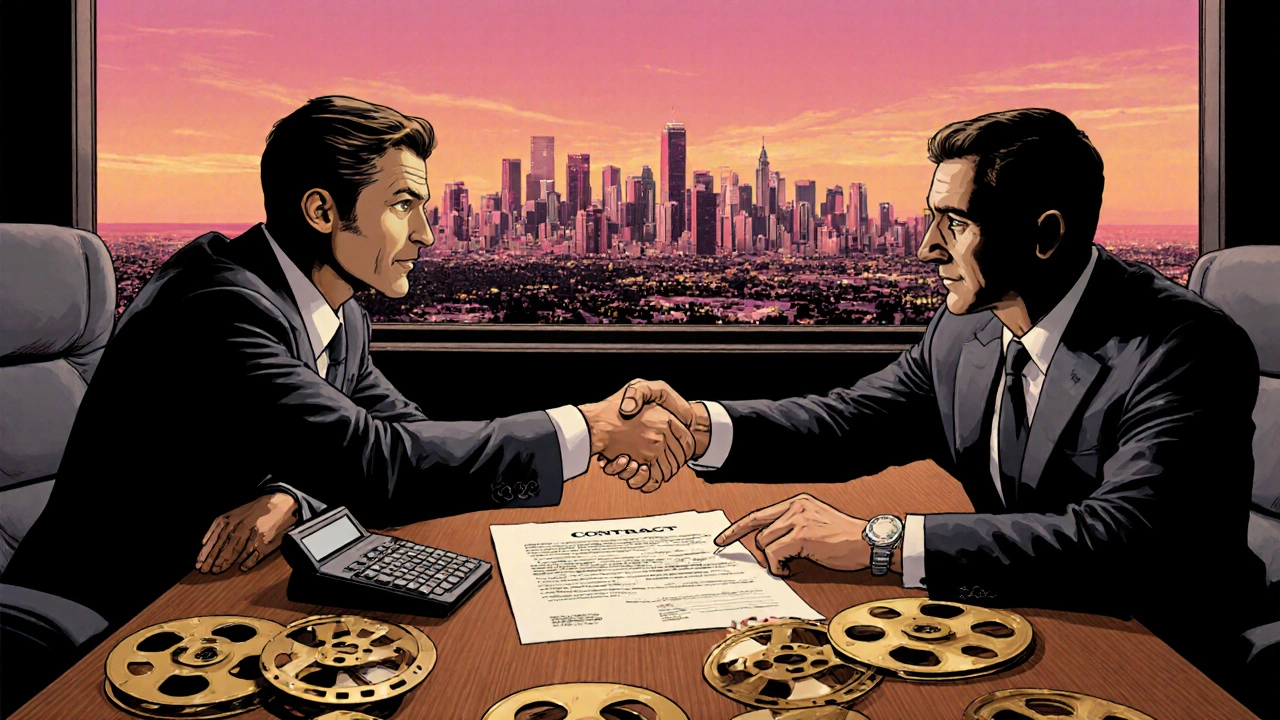 A‑list actor, agent, and lawyer reviewing a contract in a Hollywood office.
