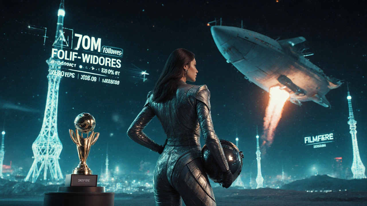 Alia Bhatt on a sci‑fi set in a metallic costume with a futuristic city and floating award symbols.