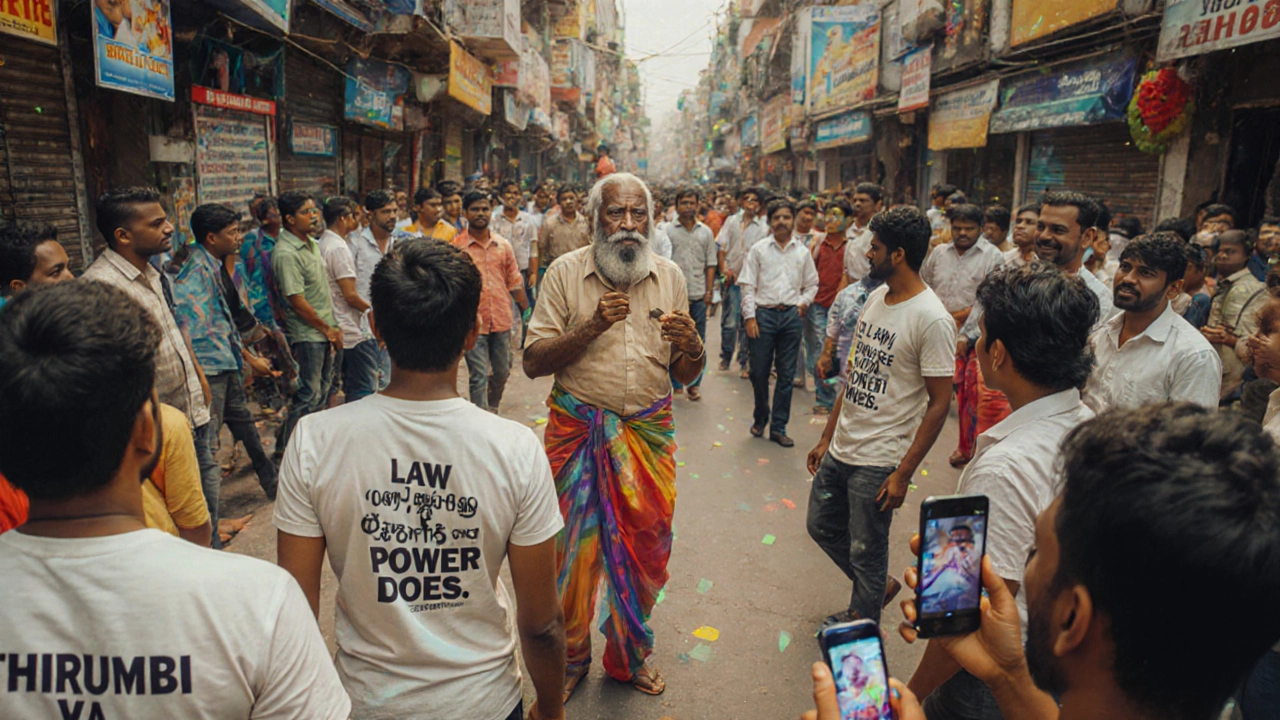 An elderly man recites a film monologue on a street as fans film him, wearing themed T-shirts.