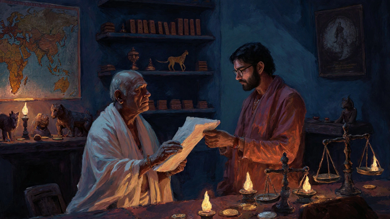 Chanakya presenting the Arthashastra to Chandragupta Maurya in a candlelit council chamber.