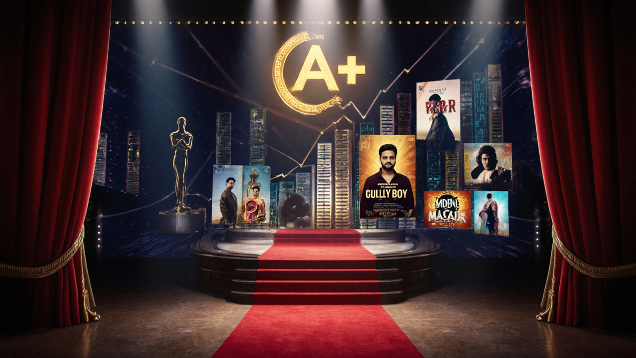 Collage of a red carpet, streaming thumbnails, and award symbols showing A+ impact.