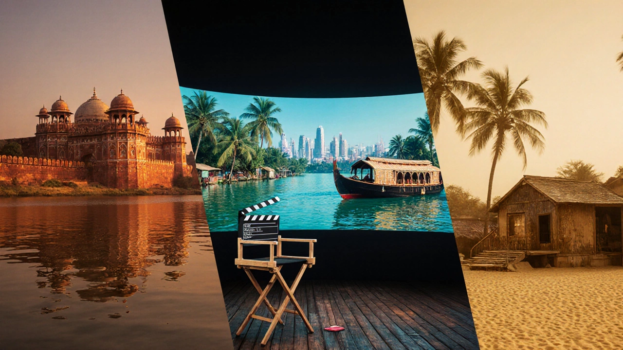Collage of Amber Fort, Kerala backwaters, Goa beach with director's chair and LED wall overlay.