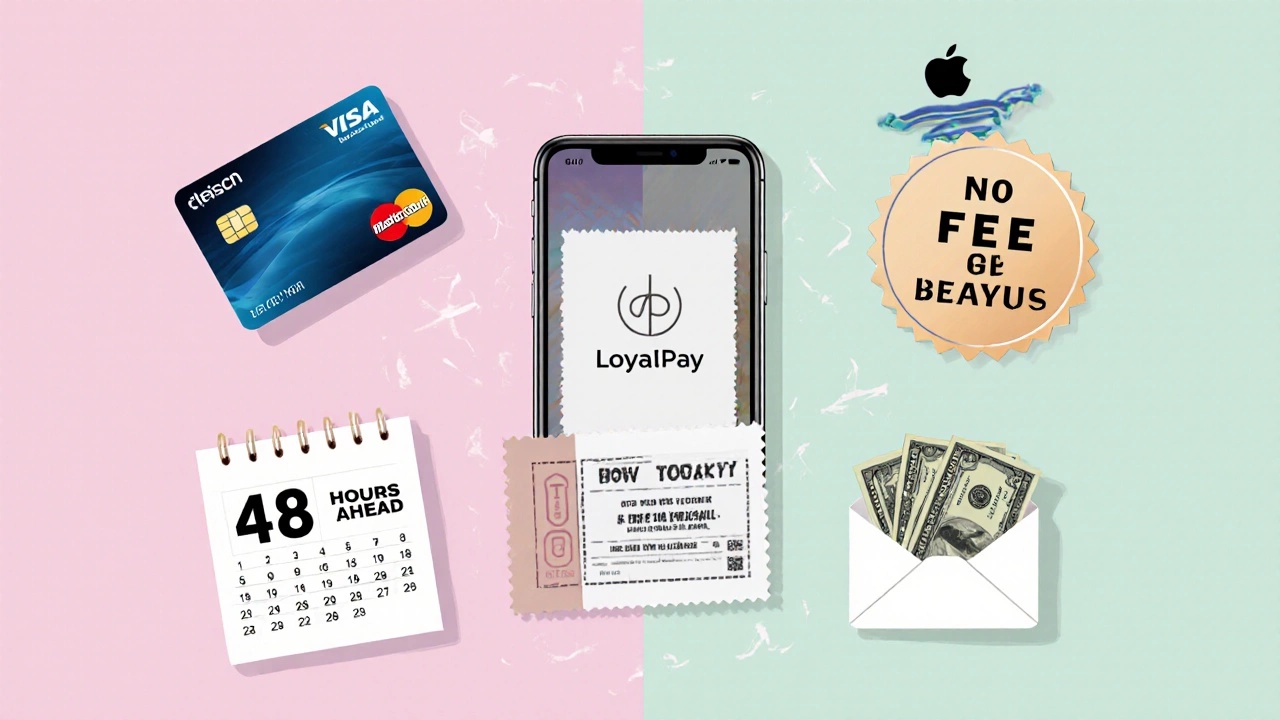 Collage of items like credit card, Apple Pay, loyalty badge, calendar, and cash illustrating ways to avoid ticket fees.