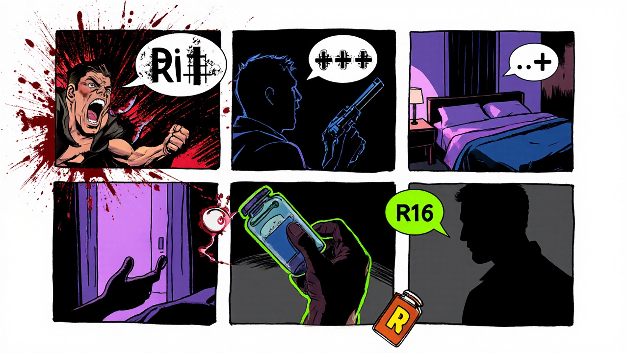 Comic‑book style collage showing violence, profanity, sexual reference, drug use, and dark themes triggering R16.