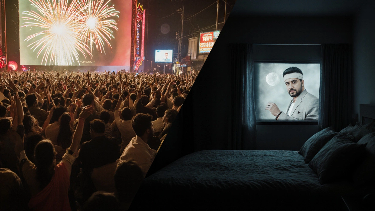 Contrasting scenes: a crowded theater cheering for Pathaan versus a solitary viewer moved by Laal Singh Chaddha at home.