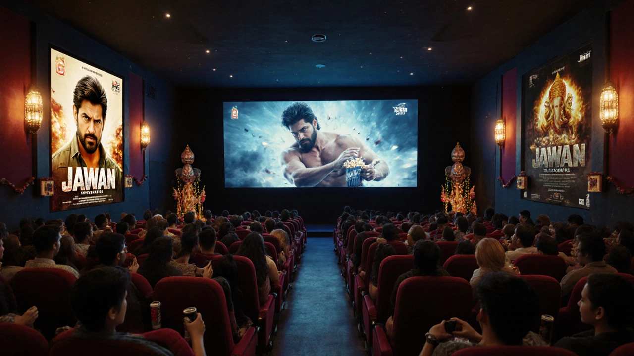 Crowded Indian multiplex with Jawan posters, festive decorations, and excited audiences.
