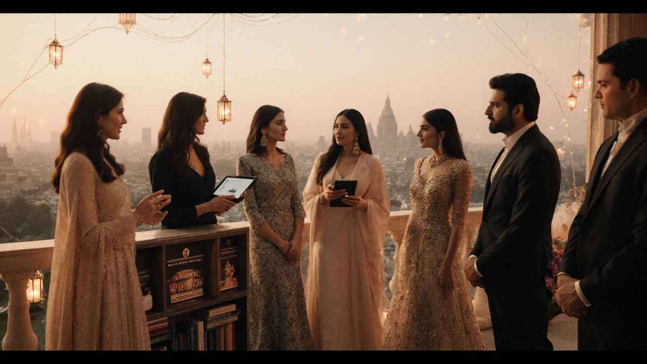 Evening gala on a terrace with the seven richest Bollywood wives discussing design, books, tech, dance, and jewellery.