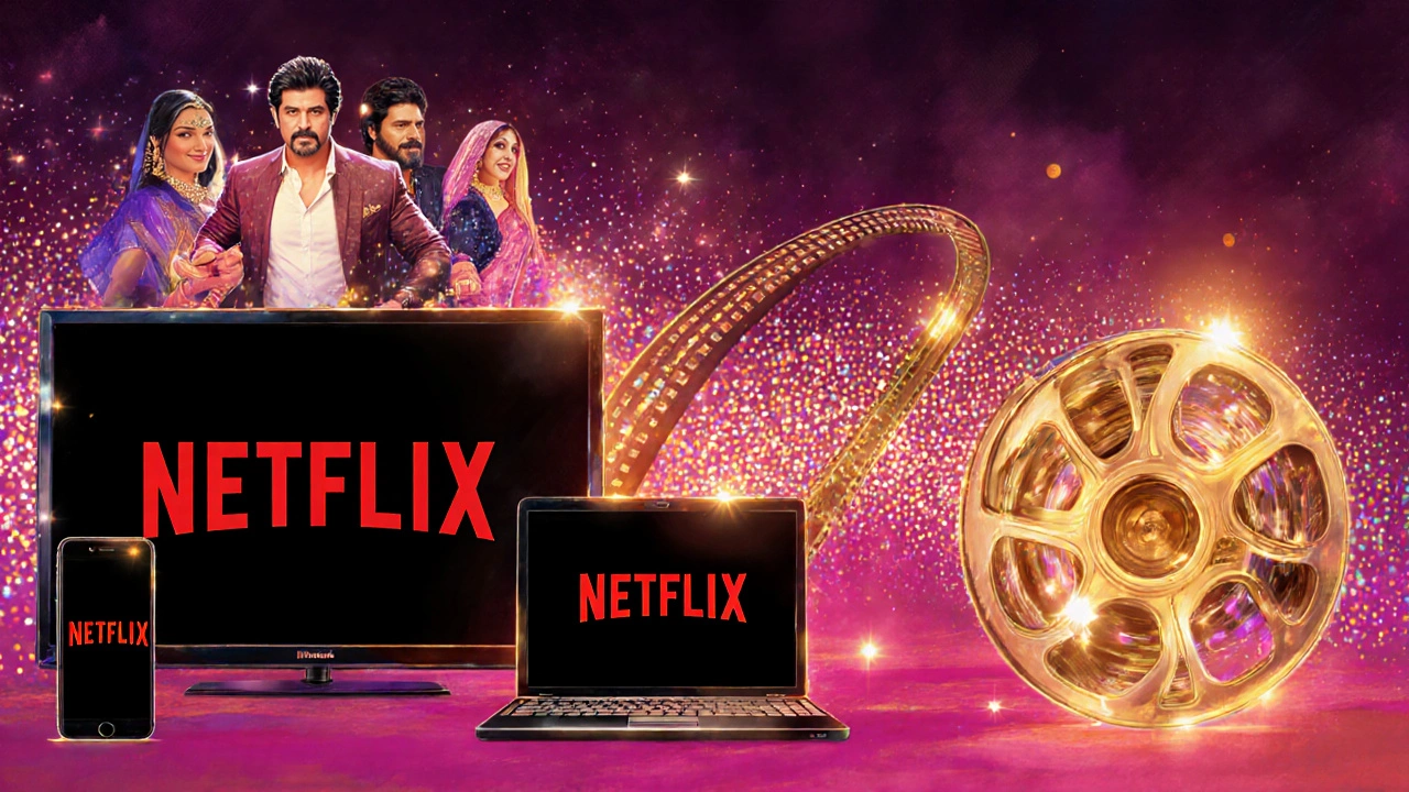 Film reel turning into digital pixels flowing into TV, phone, and laptop with star silhouettes.