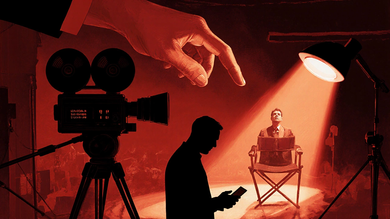 Film set with giant translucent hand overseeing a camera and director.