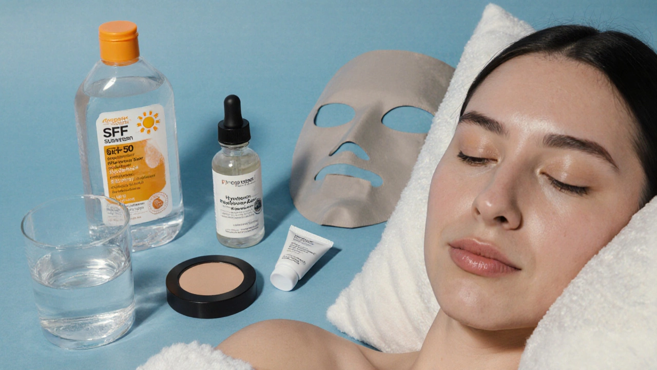 Flat lay of water, sunscreen, serum, moisturizer, sheet mask beside a glowing cheek, evoking skincare routine.