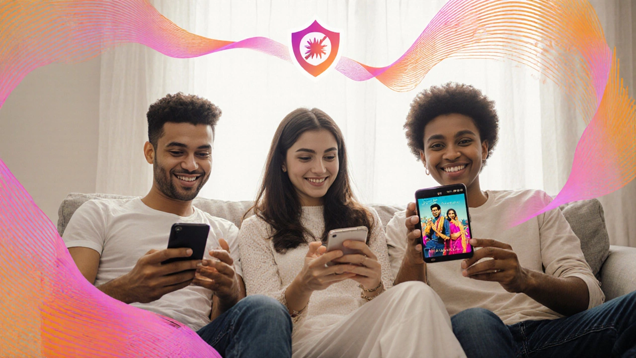 Friends on a sofa using phones with music apps, surrounded by colorful sound waves.