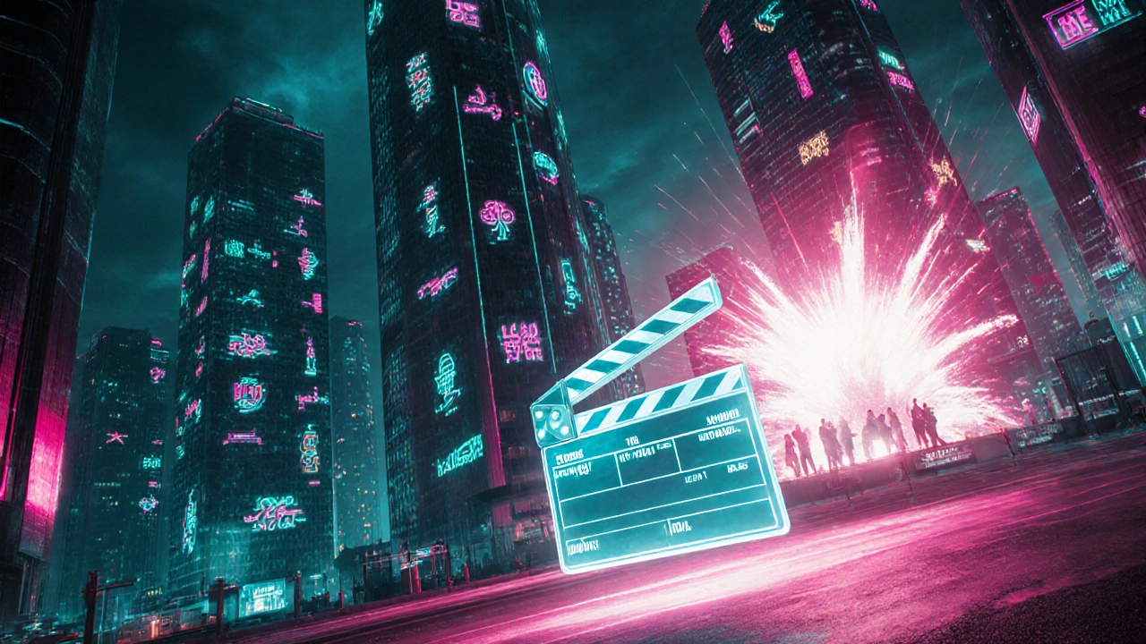 Futuristic neon city with glowing language symbols and a holographic clapperboard symbolizing a new record.
