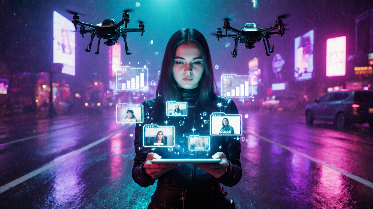 Futuristic scene of Kiara Advani using a holographic short‑form video platform in a neon studio.