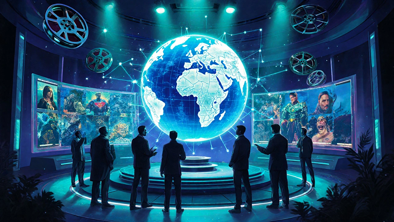Futuristic studio scene with a holographic globe, floating film reels, and directors planning a multiverse project.
