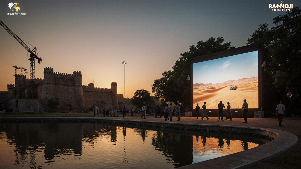 Golden‑hour view of Ramoji Film City showing water tank, fortress set, and LED wall in use.