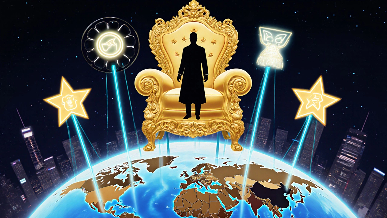 Golden throne of film reels with rival producers and global streaming connections.