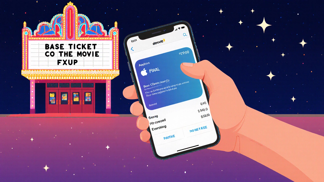 Hand uses Apple Pay on phone to complete a movie ticket purchase with no extra fee.