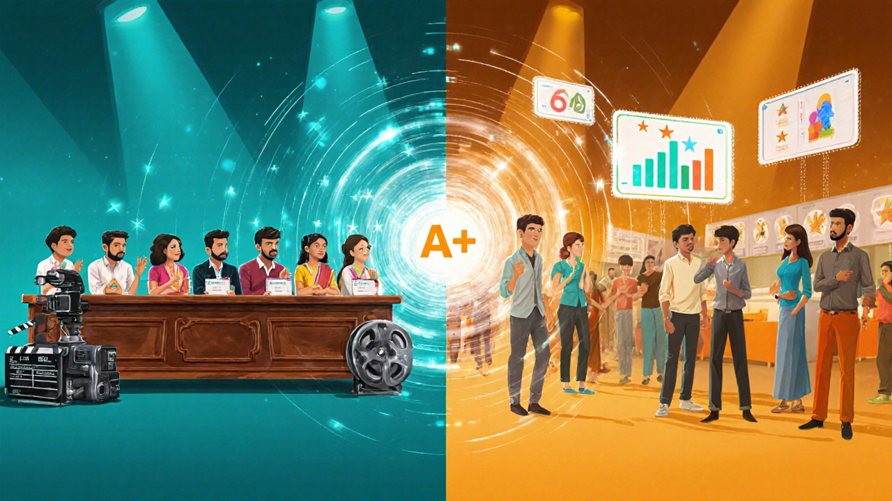 Illustration of critics discussing a film and a digital audience rating dashboard merging together.