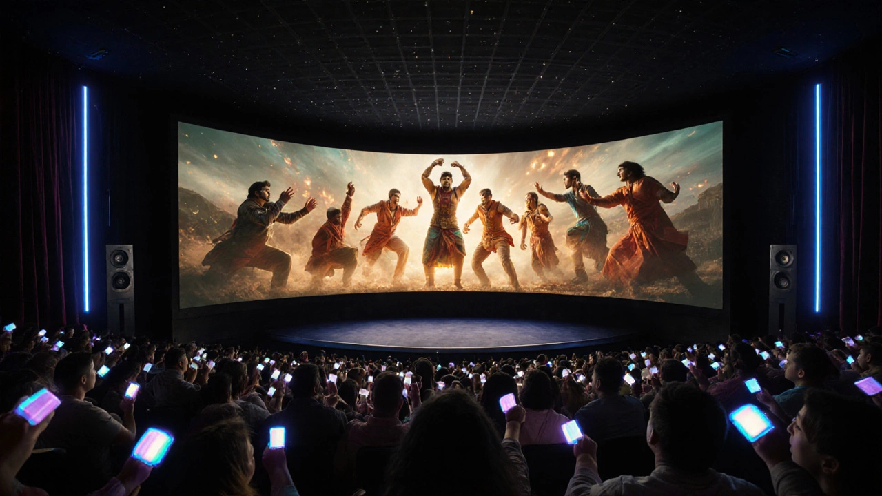 IMAX theater interior with diverse audience watching a vibrant South Indian action sequence on a huge screen.