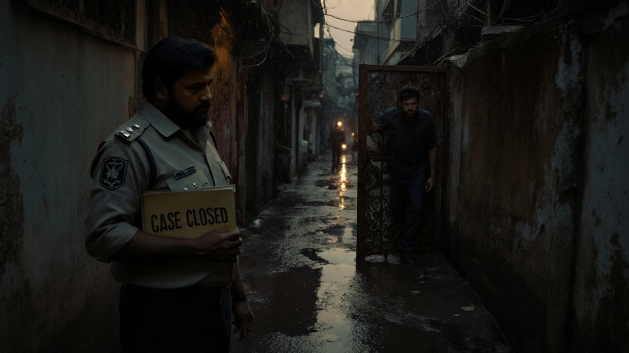 Inspector Vikram and Vedha face off in a rain-soaked alley, one in shadow, one in light.