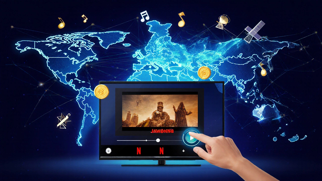 Map of India glowing on a streaming network with Jawan on a TV and Netflix play button.