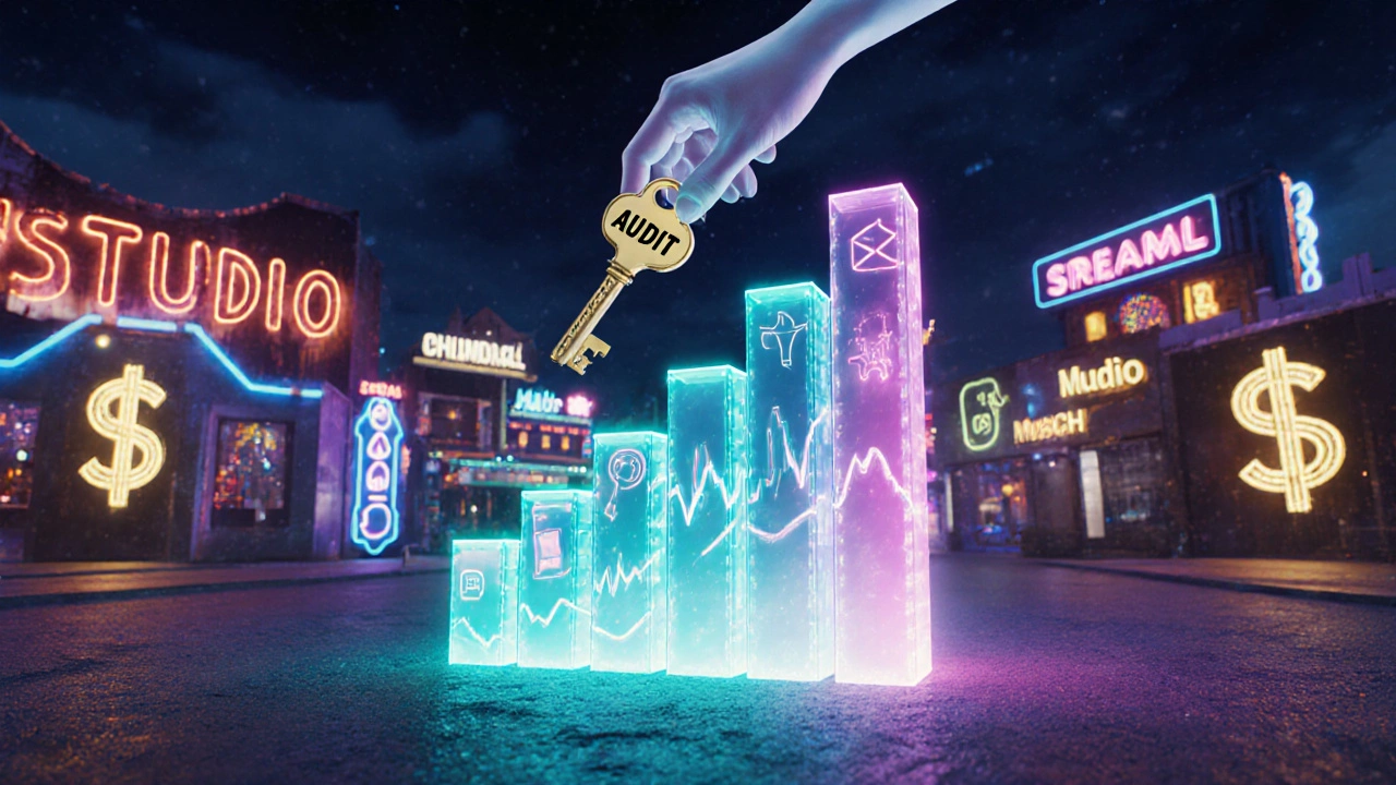 Neon‑lit studio lot with a glowing bar chart of film revenue streams.