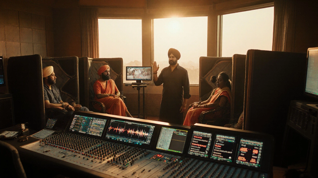 Photorealistic dubbing studio with diverse voice actors, mixing console, and multilingual subtitles on screens.