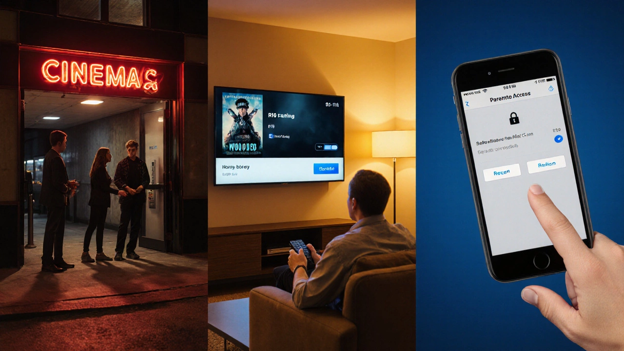 Photorealistic scene of a teen turned away at a cinema, a parent controlling TV, and a locked R16 title on a phone.