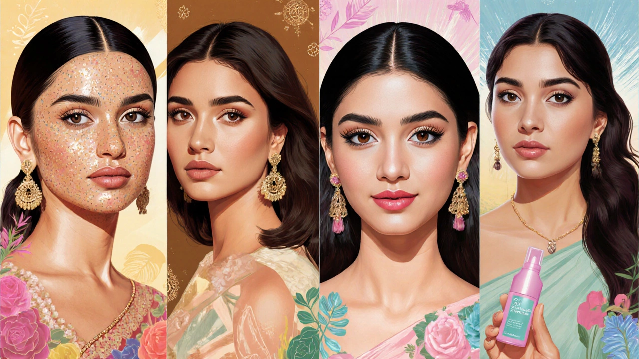 Seven Indian actresses displayed in panels, each showing her signature natural-beauty look.