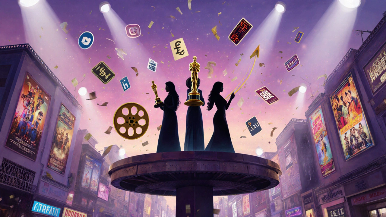 Silhouetted trio of Bollywood actresses on a studio lot at dusk, surrounded by film and social icons.