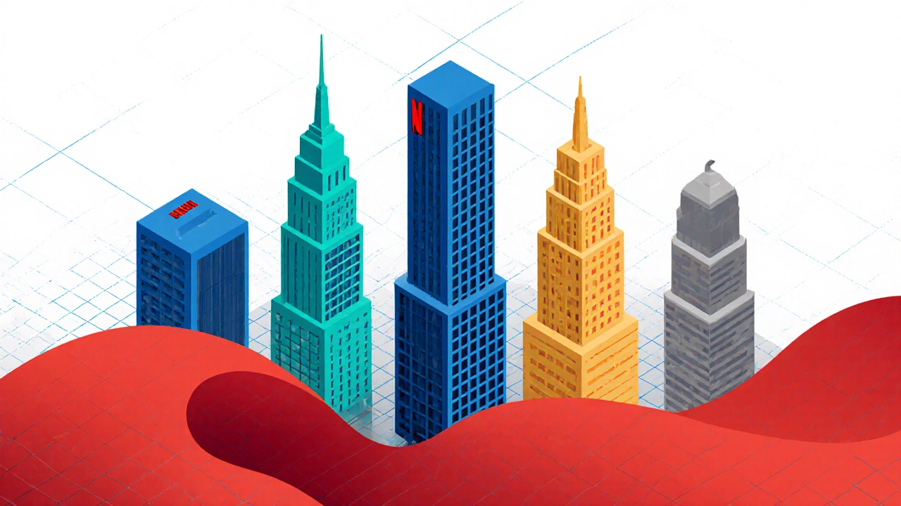 Skyline of five colored skyscrapers showing varying heights.