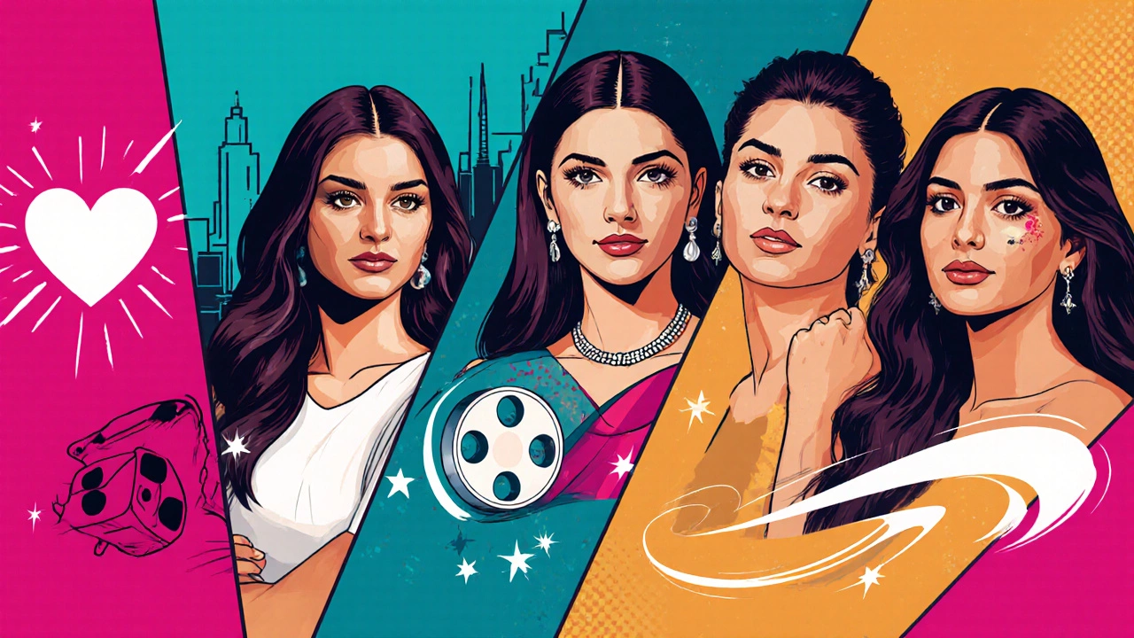 Split‑screen illustration of five top Indian actresses with visual symbols of brand, film, and streaming impact.