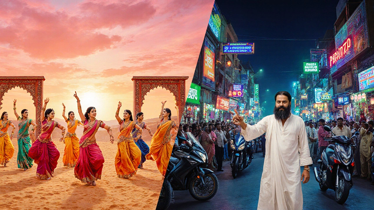 Split view of a colorful Bollywood desert dance and a Hollywood bazaar set.