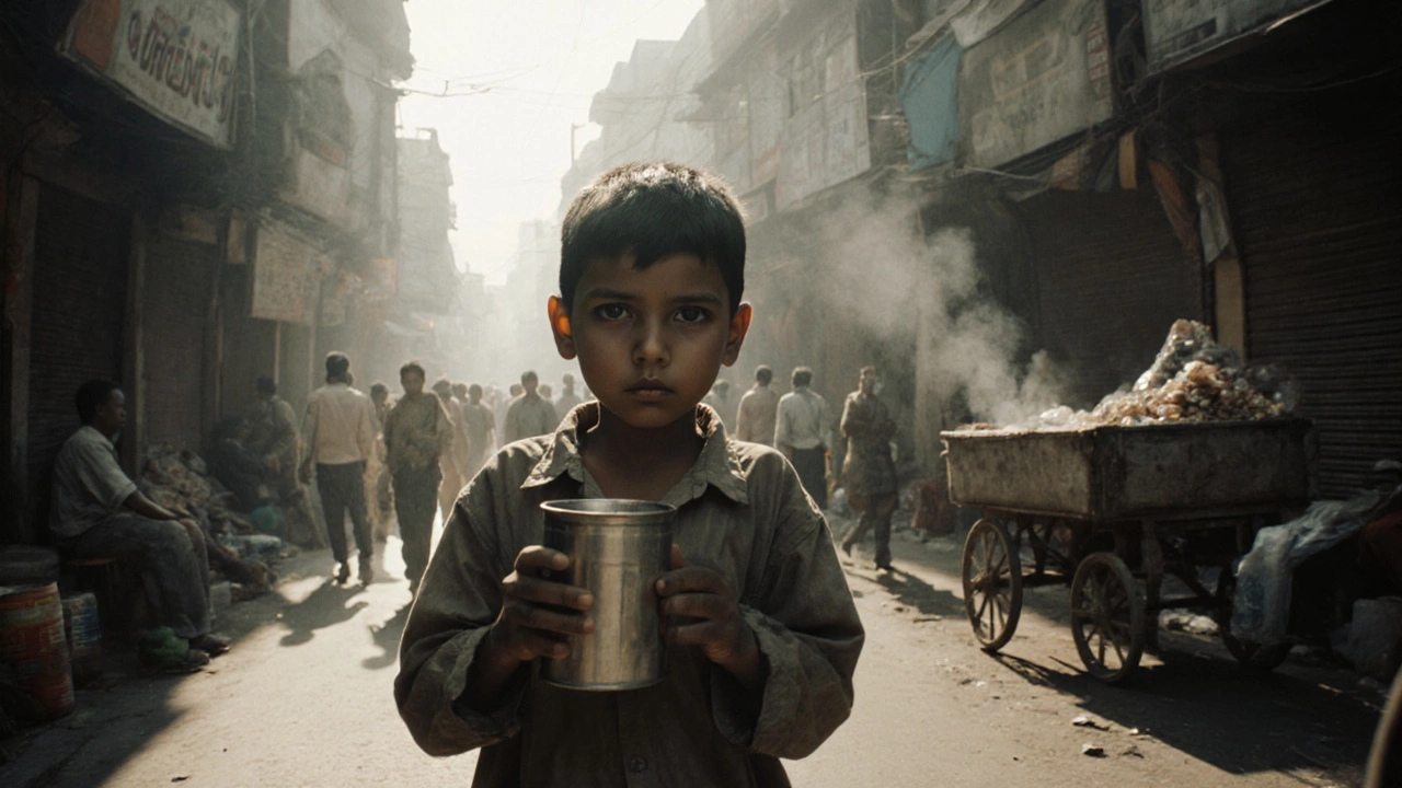 Ten‑year‑old street boy navigating a bustling market in a gritty, handheld perspective.