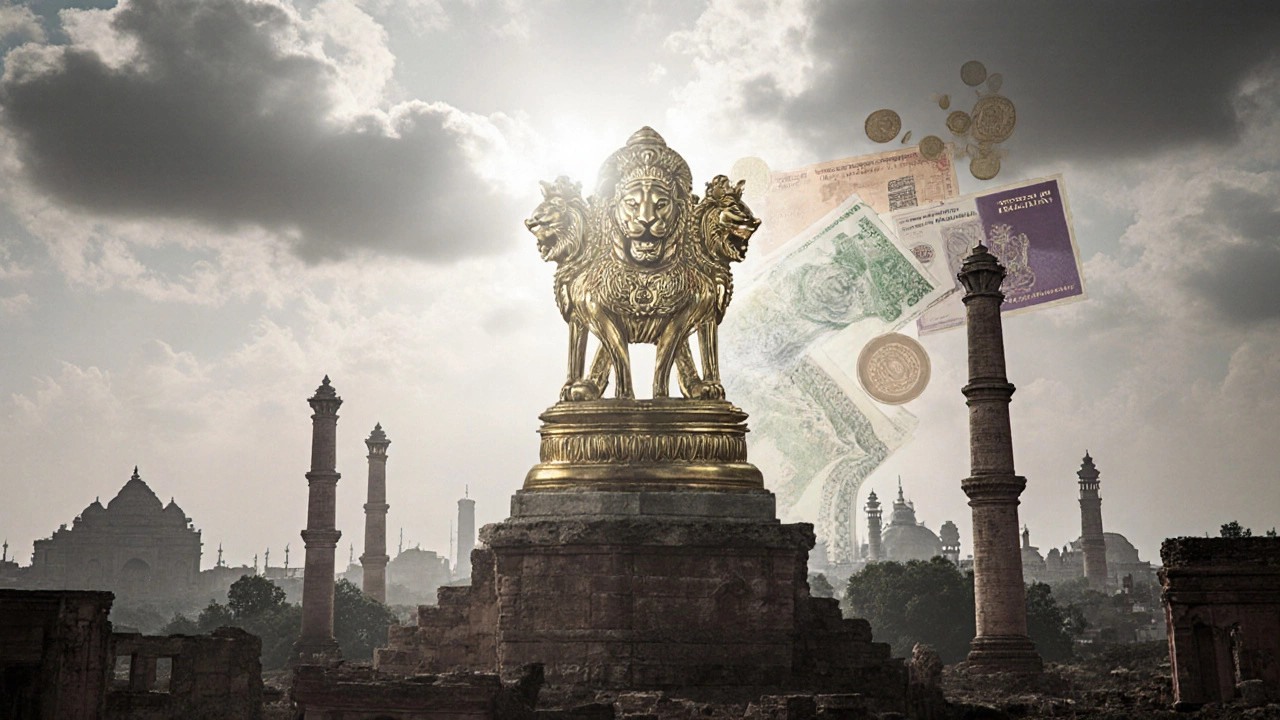 The Lion Capital of Ashoka emerging from Mauryan ruins, blending with modern Indian national symbols.