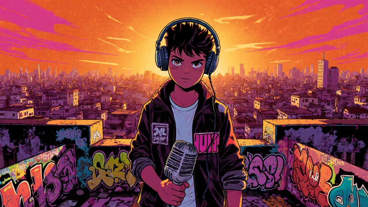 Young rapper on a Dharavi rooftop, graffiti backdrop, bright colors and sunrise lighting.